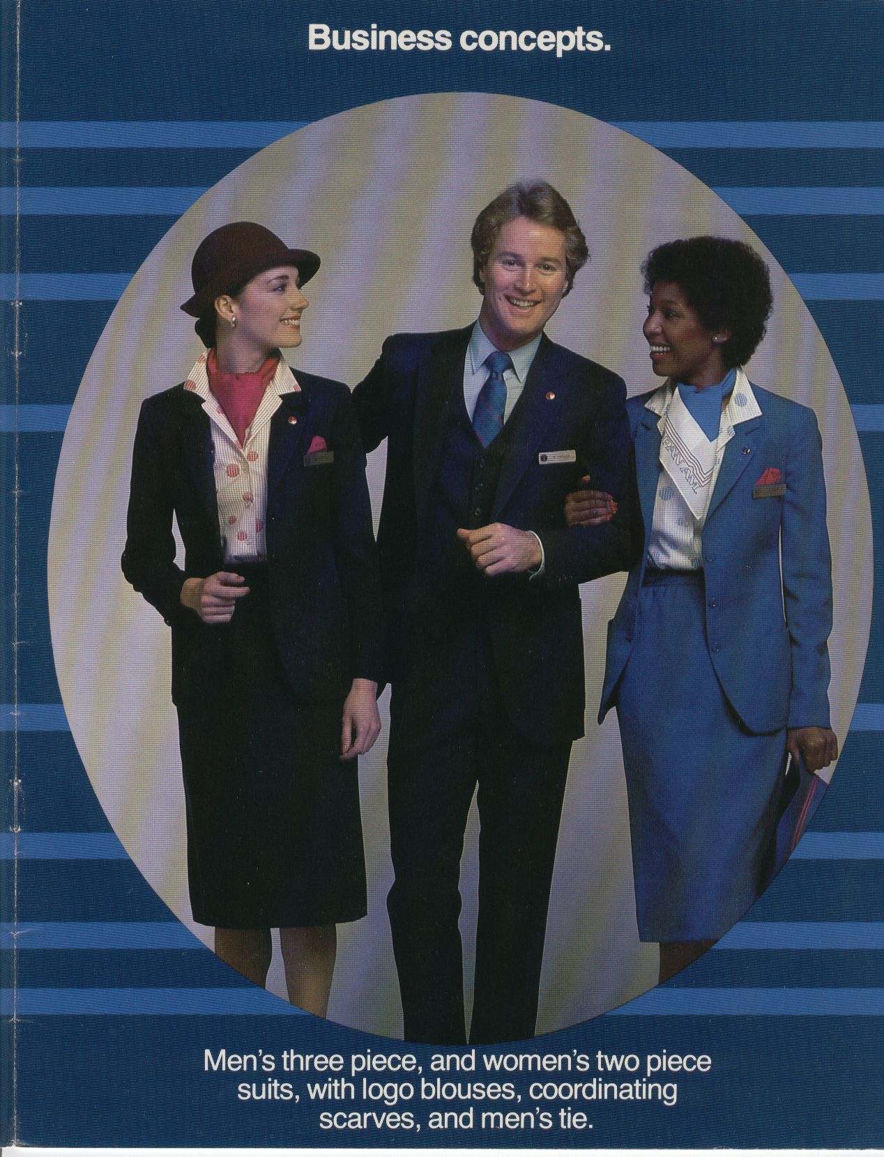 1980, July, Pan Am introduced new flight service and Passenger service (ground staff) uniforms in July of 1980.  This picture shows the  Passenger Service uniforms designed by French designer Jean Cacharel.